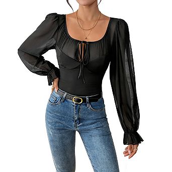 Womens Square Neck Puff Sleeve Tie Front Fitting Silhouette Bodysuit