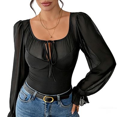 Womens Square Neck Puff Sleeve Tie Front Fitting Silhouette Bodysuit