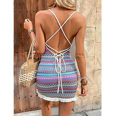 Womens Spaghetti Strap Knit Mini Dress Tie Back Drawstring Ruched Hem Dresses