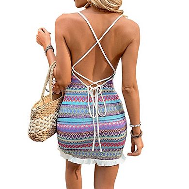 Womens Spaghetti Strap Knit Mini Dress Tie Back Drawstring Ruched Hem Dresses