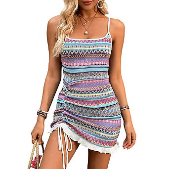 Womens Spaghetti Strap Knit Mini Dress Tie Back Drawstring Ruched Hem Dresses
