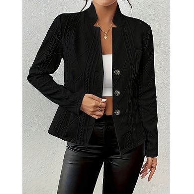 Womens Stand Collar Cable Knit Button Front Fitted Waist Silhouette Blazer Jacket