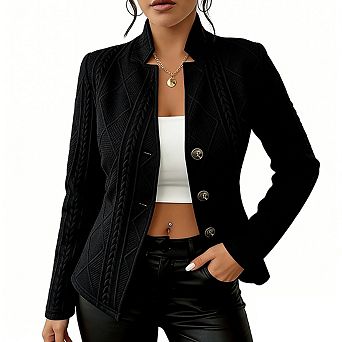 Womens Stand Collar Cable Knit Button Front Fitted Waist Silhouette Blazer Jacket