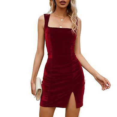 Womens Square Neck Sleeveless Velvet Front Slit Back Zipper Bodycon Mini Dress
