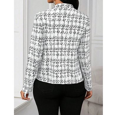 Womens Open Front Blazer Stand Collar Plaid Texture Long Sleeve Jackets