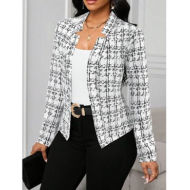Womens Open Front Blazer Stand Collar Plaid Texture Long Sleeve Jackets