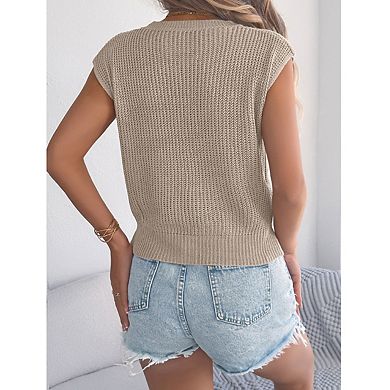 Womens Round Neck Sleeveless Cable Knit Sweater Vest Textured Ribbed Hem Tops