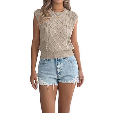 Womens Round Neck Sleeveless Cable Knit Sweater Vest Textured Ribbed Hem Tops