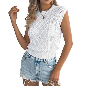 Womens Round Neck Sleeveless Cable Knit Sweater Vest Textured Ribbed Hem Tops