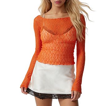 Womens Long Sleeve Sheer Lace Crop Top Ruffle Trim Floral Embroidery Blouse