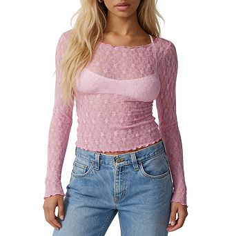 Womens Long Sleeve Sheer Lace Crop Top Ruffle Trim Floral Embroidery Blouse