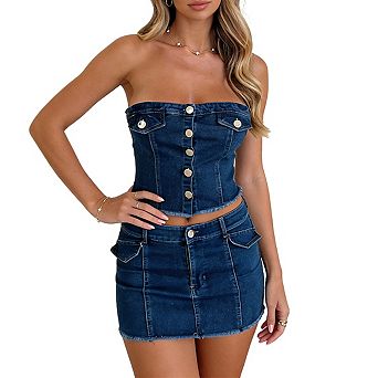 Womens Strapless Denim Corset Crop Top and Mini Skirt Set Frayed Hem Button Front Sets