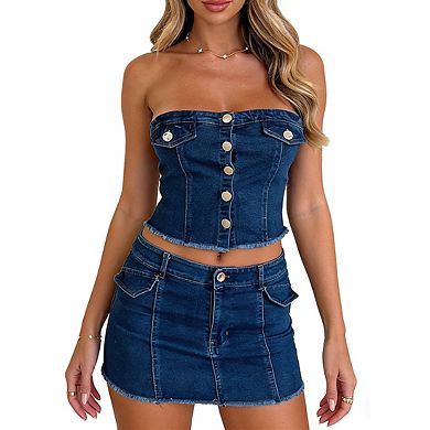 Womens Strapless Denim Corset Crop Top and Mini Skirt Set Frayed Hem Button Front Sets