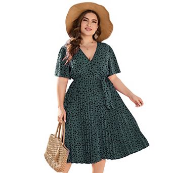 Women's Plus Size Wrap Dress - V-Neck Short Flutter Sleeve Pleated Summer Belt Midi Dress
