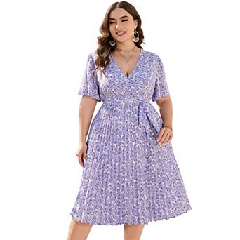 Women's Plus Size Wrap Dress - V-Neck Short Flutter Sleeve Pleated Summer Belt Midi Dress