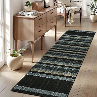 Plaid Machine Washable Rug for Living Room, Non-Slip Stain-Resistant Geometric Floor Mat