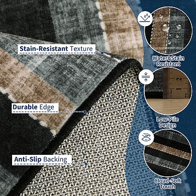 Plaid Machine Washable Rug for Living Room, Non-Slip Stain-Resistant Geometric Floor Mat