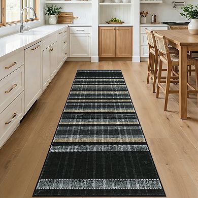 Plaid Machine Washable Rug for Living Room, Non-Slip Stain-Resistant Geometric Floor Mat