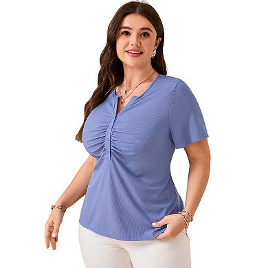Women's Plus Size Ribbed Henley Top - Short Sleeve Ruched Front V-Neck Blouse for Casual and Office