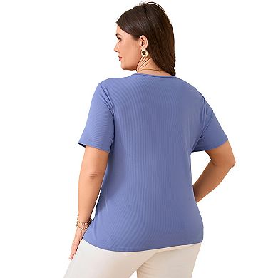 Women's Plus Size Ribbed Henley Top - Short Sleeve Ruched Front V-Neck Blouse for Casual and Office
