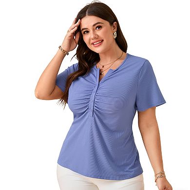Women's Plus Size Ribbed Henley Top - Short Sleeve Ruched Front V-Neck Blouse for Casual and Office