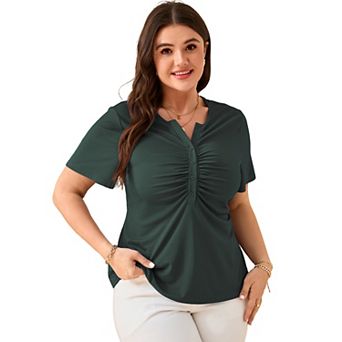 Women's Plus Size Ribbed Henley Top - Short Sleeve Ruched Front V-Neck Blouse for Casual and Office