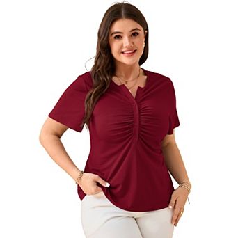 Women's Plus Size Ribbed Henley Top - Short Sleeve Ruched Front V-Neck Blouse for Casual and Office