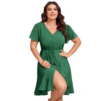 Women's Plus Size V-Neck Dress - Short Flutter Sleeve Button Front Tie Waist Casual Midi Dress