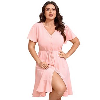 Women's Plus Size V-Neck Dress - Short Flutter Sleeve Button Front Tie Waist Casual Midi Dress
