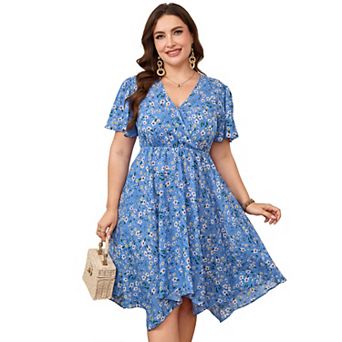 Women's Plus Size Floral Wrap Midi Dress Short Sleeve Irregular V-Neck Flowy Summer Dress
