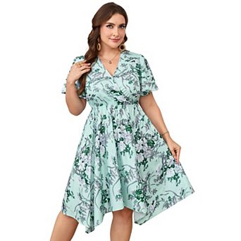 Women's Plus Size Floral Wrap Midi Dress Short Sleeve Irregular V-Neck Flowy Summer Dress