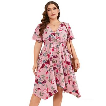 Women's Plus Size Floral Wrap Midi Dress Short Sleeve Irregular V-Neck Flowy Summer Dress
