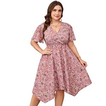 Women's Plus Size Floral Wrap Midi Dress Short Sleeve Irregular V-Neck Flowy Summer Dress