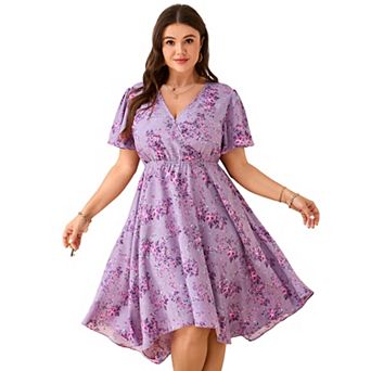 Women's Plus Size Floral Wrap Midi Dress Short Sleeve Irregular V-Neck Flowy Summer Dress