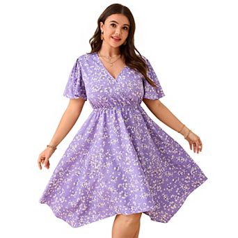 Women's Plus Size Floral Wrap Midi Dress Short Sleeve Irregular V-Neck Flowy Summer Dress