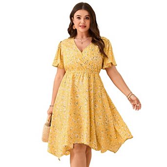 Women's Plus Size Floral Wrap Midi Dress Short Sleeve Irregular V-Neck Flowy Summer Dress