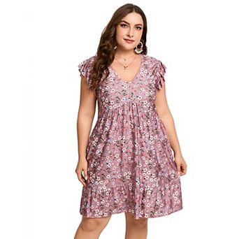 Women's Plus Size Floral Print Mini Dress Ruffle Sleeve V-Neck Flowy Sundress with Pockets