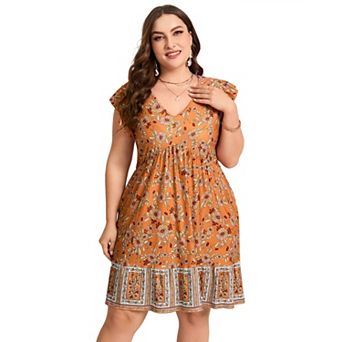 Women's Plus Size Floral Print Mini Dress Ruffle Sleeve V-Neck Flowy Sundress with Pockets