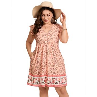 Women's Plus Size Floral Print Mini Dress Ruffle Sleeve V-Neck Flowy Sundress with Pockets