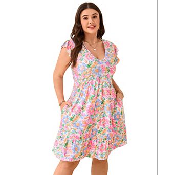 Women's Plus Size Floral Print Mini Dress Ruffle Sleeve V-Neck Flowy Sundress with Pockets