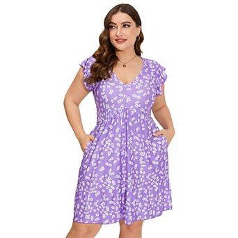 Women's Plus Size Floral Print Mini Dress Ruffle Sleeve V-Neck Flowy Sundress with Pockets