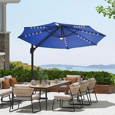 10FT Cantilever Patio Umbrella with Solar LED Lights, 360° Rotation, Easy Crank & Tilt Cross Base