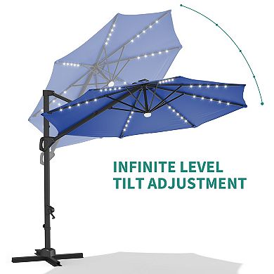 10FT Cantilever Patio Umbrella with Solar LED Lights, 360° Rotation, Easy Crank & Tilt Cross Base