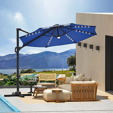10FT Cantilever Patio Umbrella with Solar LED Lights, 360° Rotation, Easy Crank & Tilt Cross Base