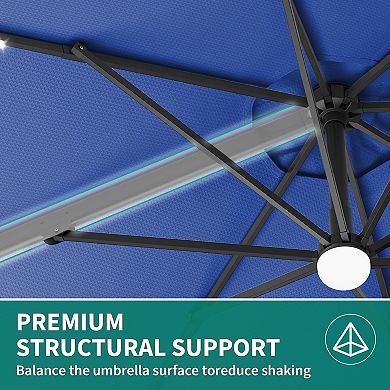 10FT Cantilever Patio Umbrella with Solar LED Lights, 360° Rotation, Easy Crank & Tilt Cross Base