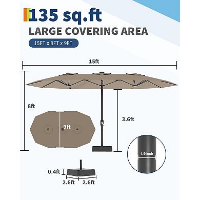 15FT Extra Large Double-Sided Patio Umbrella with Base, UV-Resistant Rectangle Canopy