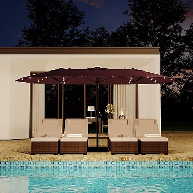 15FT Patio Umbrella with LED Lights, Heavy-Duty Rectangle Shade with Base for Backyard