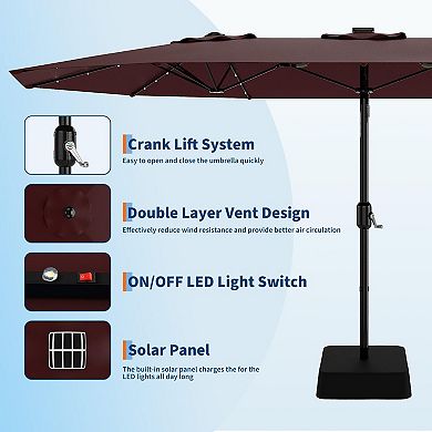 15FT Patio Umbrella with LED Lights, Heavy-Duty Rectangle Shade with Base for Backyard