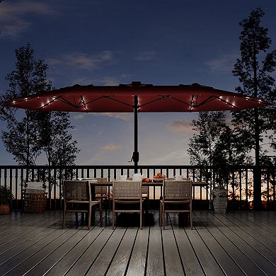 15FT Patio Umbrella with LED Lights, Heavy-Duty Rectangle Shade with Base for Backyard
