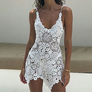 Women's Crochet Lace Mini Dress, Backless Spaghetti Strap Summer Beach Cover Up Sundress